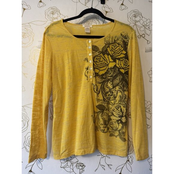 Sundance Shirt Top Womens Size Large Yellow Floral Burn Out Tee Long Sleeve 075 - Picture 2 of 5